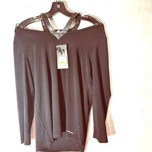 Nine West NWT Black Sexy Top Club Cold Shoulder Size Small Leather Strap Party
